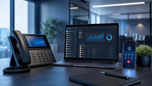 Moderne 3CX-Telefonanlage mit IP-Telefon, Laptop und Smartphone
