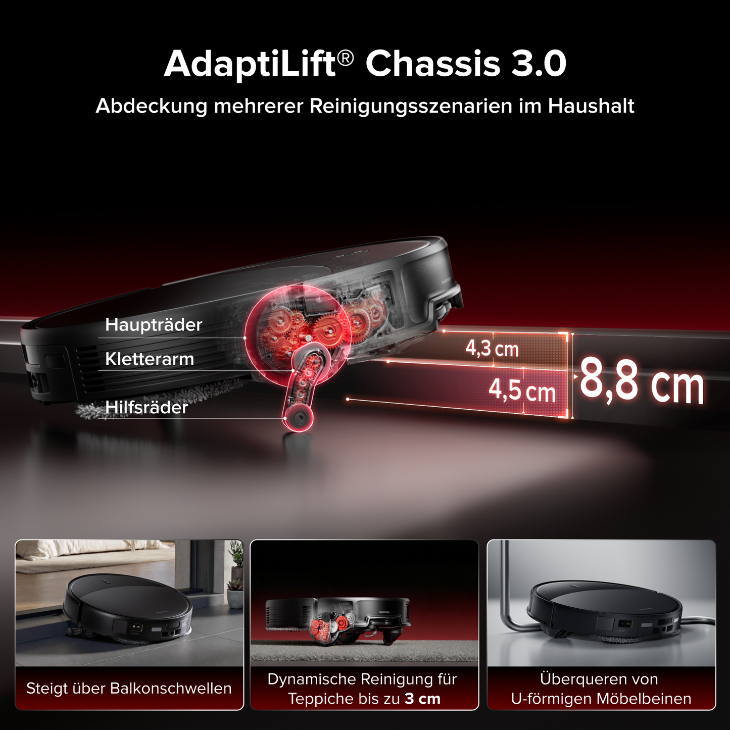 Roborock Saros 20 – AdaptiLift Chassis 3.0 für die reibungslose Überwindung von Schwellen, mit einer Saugkraft von 36.000 Pa